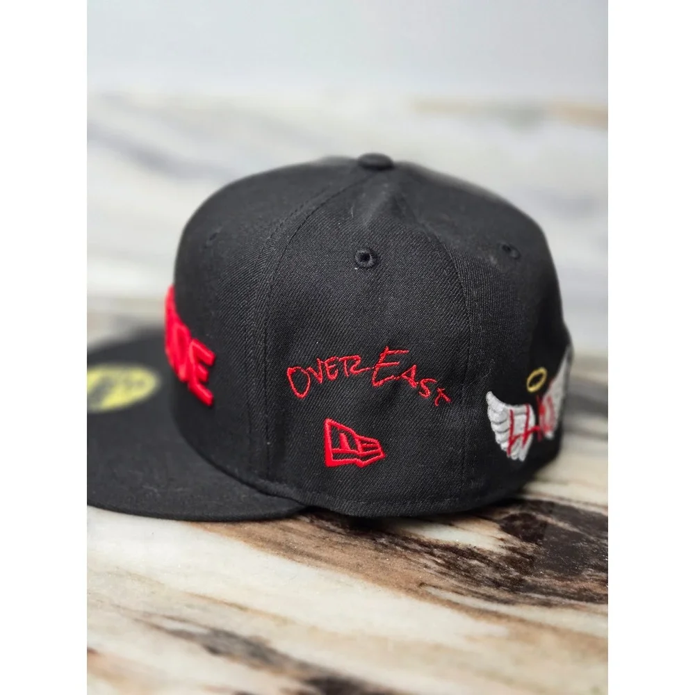 New Era 59FIFTY Southside Chicago Fitted Hat Black Red Size 7 3/8 Custom Patches